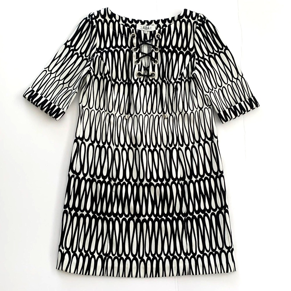 Tibi Swirl Ribbon Grommet Lace-up Tunic Shift Dress 2 0 XS Textured Cotton Linen